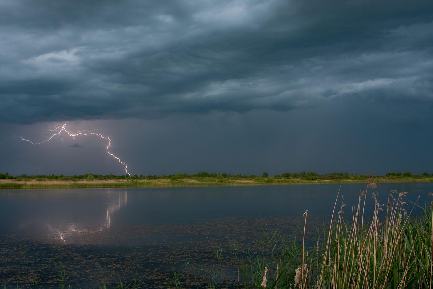 lightning strikes a field beside a pond